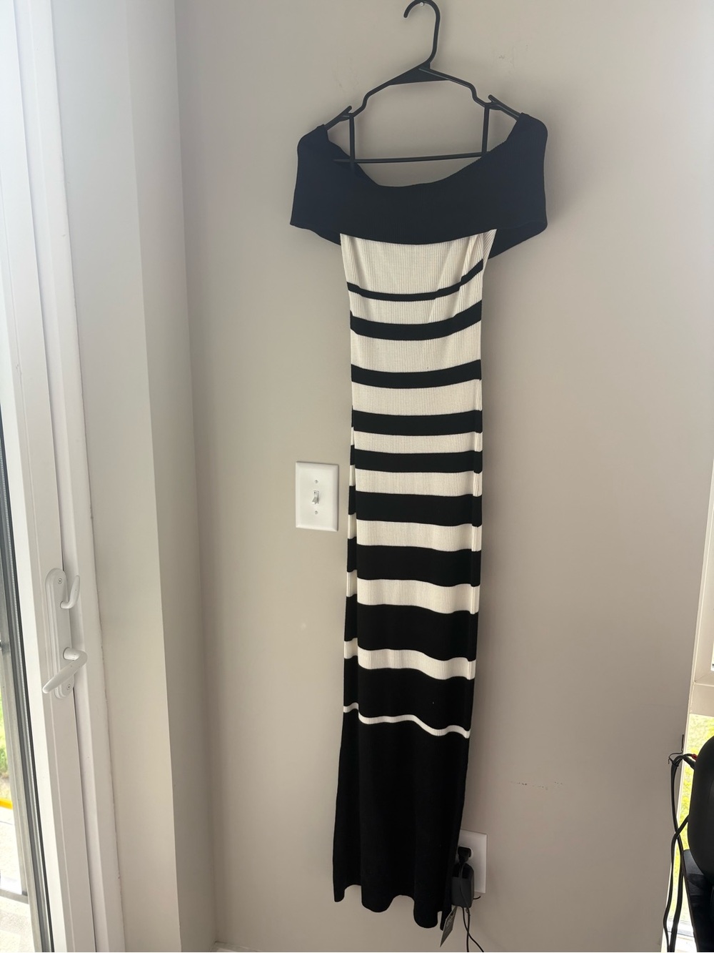 JLUXLABEL Black and White Striped Off-Shoulder Maxi Dress